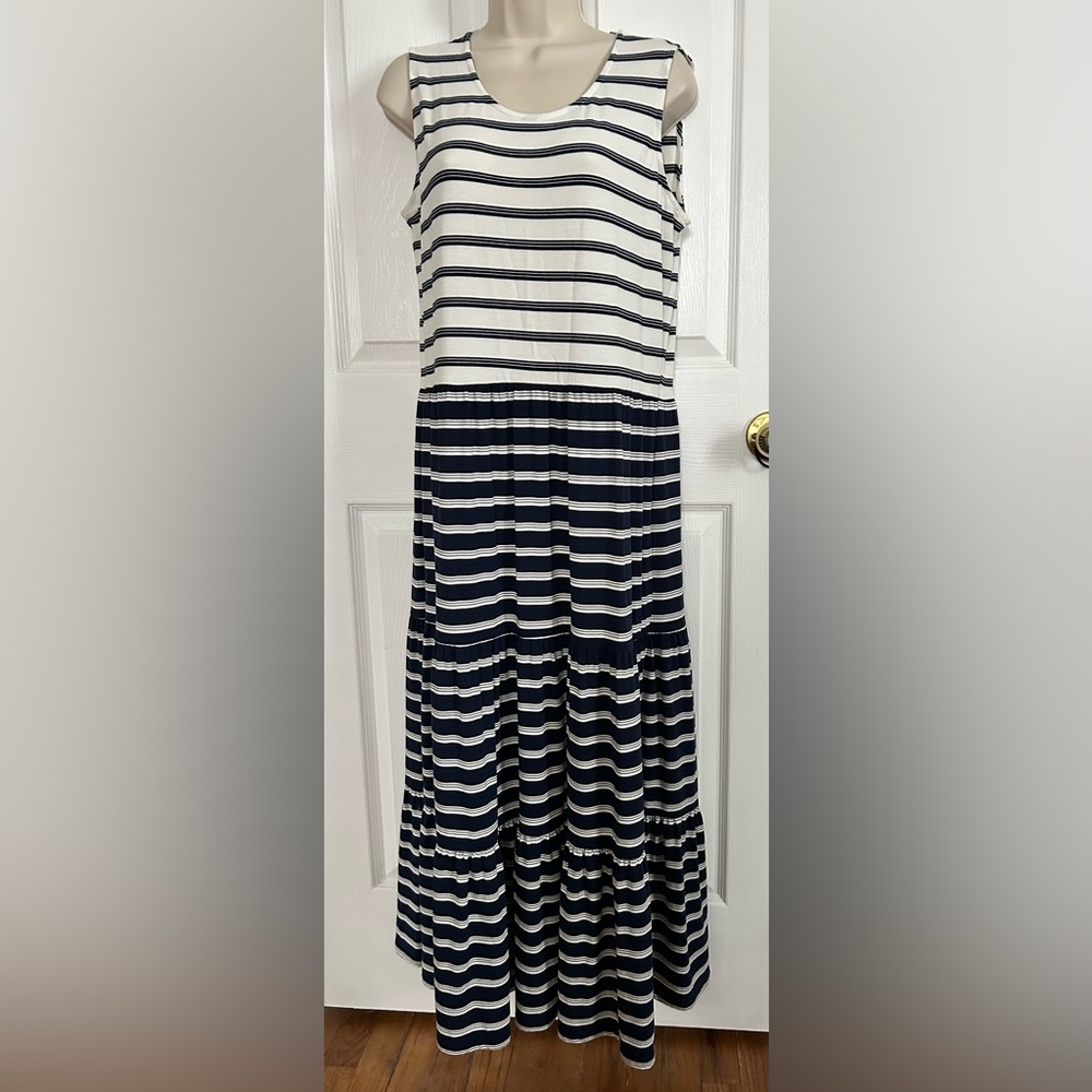 Lands' End Navy and White Striped Sleeveless Maxi Dress